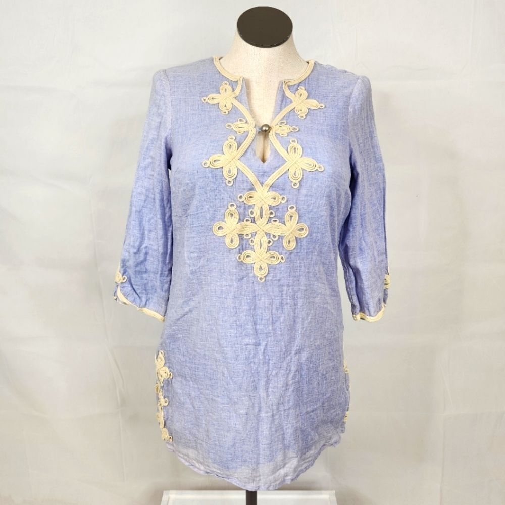 Theme Heathered Blue White Boho Piping Lined Tunic Top Sz M